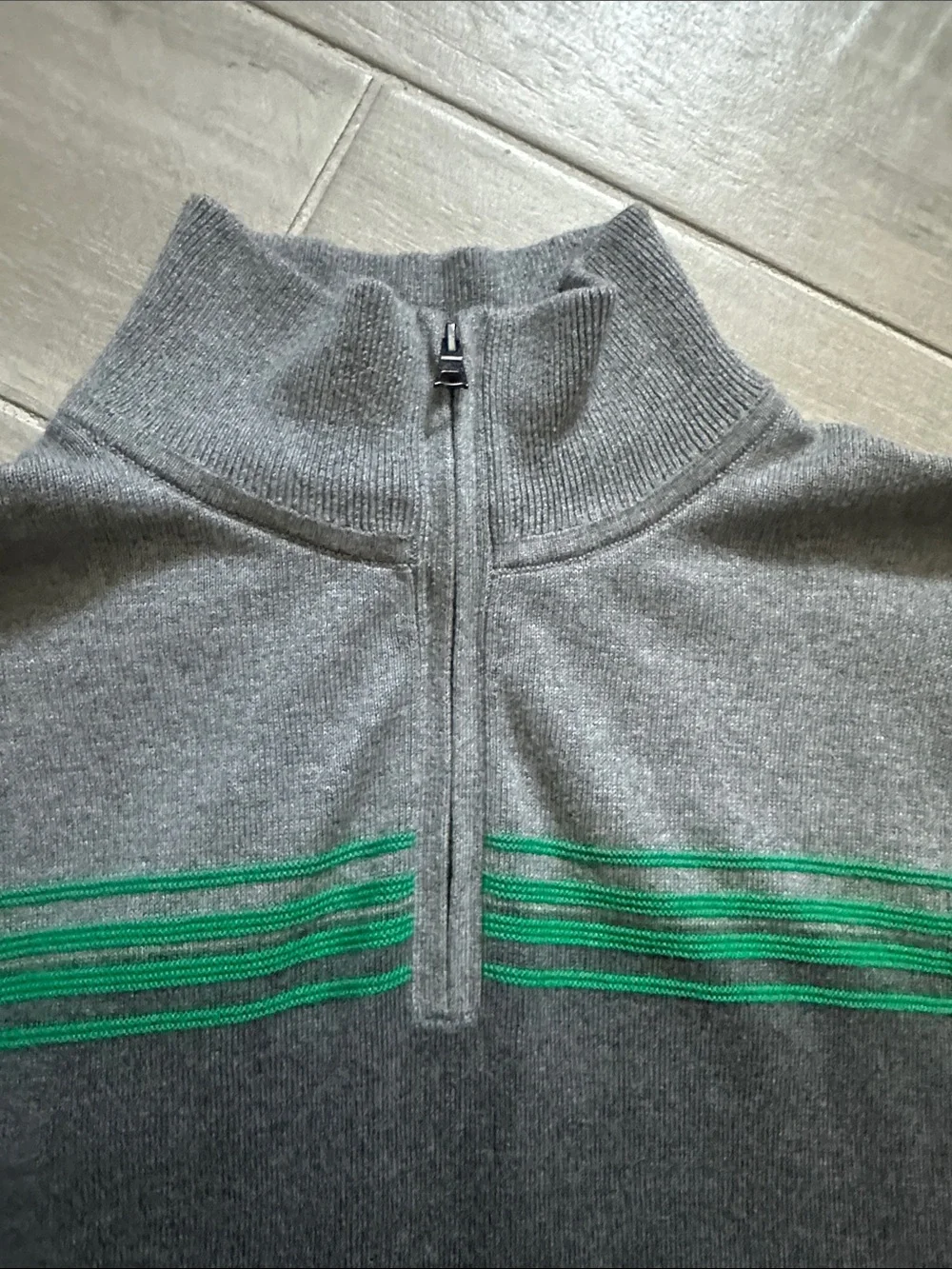 Banana Republic Gray Sweater with Green Chest Stripes - Quarter Zip